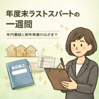 年度末の最終週に、年内業務や新年準備に取り組むショートヘアの女性司法書士が、書類を確認している様子を描いた、目黒区・増田リーガルオフィスのブログ用サムネイル画像